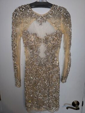 Jovani Champagne Sequin Long Sleeve Cocktail Dress